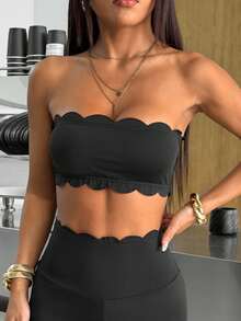 SHEIN EZwear 黑色针织贝壳边饰短款抹胸上衣 - 黑色 - 查看 1