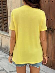 SHEIN 孕妇休闲柠檬字母印花短袖T恤，夏季 - 黃色 - 查看 2