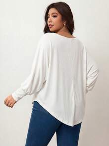 Enliva Áo thun nữ cỡ lớn tay cánh dơi bất đối xứng, màu trơn, vai lệch, dáng rộng, thoải mái, thích hợp mặc mùa thu và mùa đông, cho dáng người quả táo và tròn trịa. - trắng - Xem 3