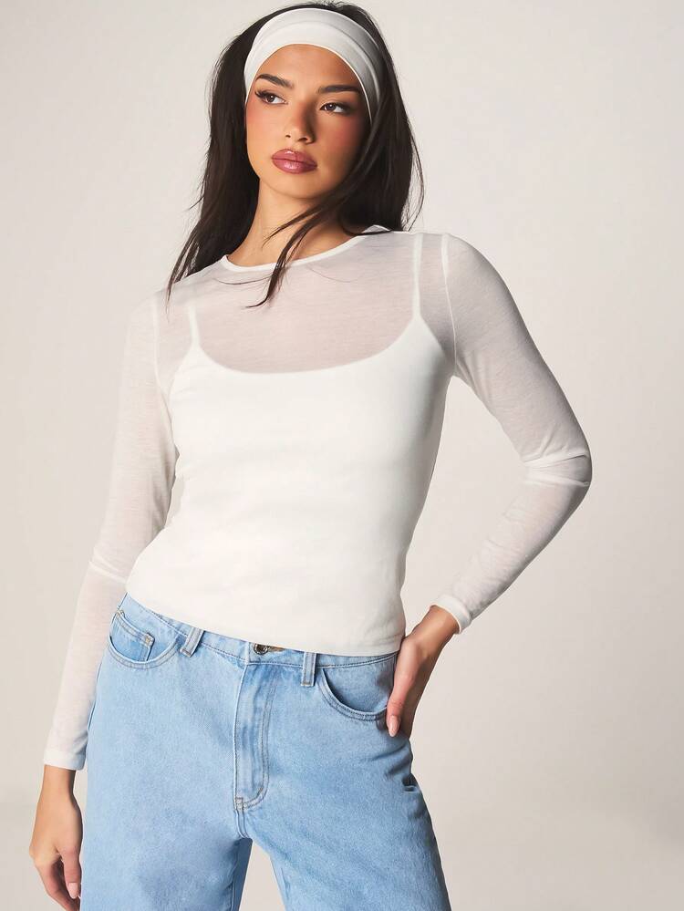 MISSGUIDED Top de Camadas com Camiseta Interna Ajustada e Manga Longa Transparente de Tela Dupla, Decote Redondo para Uso Casual no Outono e Inverno