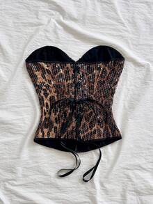 Soleia Áo croptop quây ngực kiểu cung đình cổ điển dành cho nữ, in họa tiết hoa jacquard nhiều màu sắc, có cúc và dây buộc phía sau. - Cà phê nâu - Xem 2