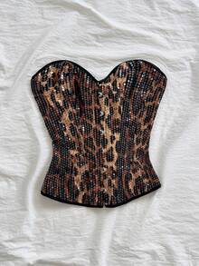 Soleia Áo croptop quây ngực kiểu cung đình cổ điển dành cho nữ, in họa tiết hoa jacquard nhiều màu sắc, có cúc và dây buộc phía sau. - Cà phê nâu - Xem 5