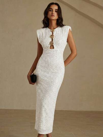 Aveloria Rosie Vestido largo de mujer con lentejuelas de hombros exagerados, hebilla de metal hueca con lentejuelas de terciopelo de lujo para fiesta