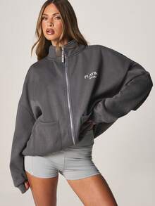 Missguided x Playboy Oversized Full Zip Sweatshirt With Sport Logo Perfect For Casual Fall Winter Layering Daily Comfort - Dark Grey - View 5