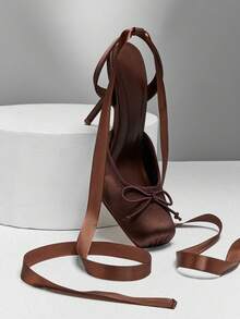 SHUZIA New Fashionable Ladies' Brown Satin Ballet Ankle Lace Ribbon Heel Closed Square Toe Sexy Holiday Fall Winter Shoes - Brown - View 4
