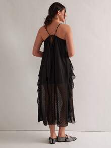 Freevana 大码女式波点印花荷叶边吊带连衣裙，度假夏季黑色连衣裙，浪漫荷叶边乡村风西部风海滩度假机场街头风黑色夏季连衣裙，女式黑色薄纱连衣裙 - 黑色 - 查看 3