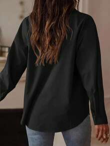 Elenzga Camisa de manga larga de color negro sólido para mujer, casual, de oficina y para ir al trabajo, minimalista y versátil, para primavera/otoño - Negro - Ver 2