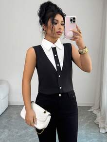 Selianne Women's Elegant Commuter Casual Black & White Collared V-Neck Single-Breasted Button Sleeveless Fitted Blouse, Spring/Summer - Black and White - View 4