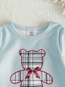 2pcs Baby Girls Casual Cute Bear Print Top And Classic Plaid Leggings Set, Snug Fit Homewear - Blue - View 4