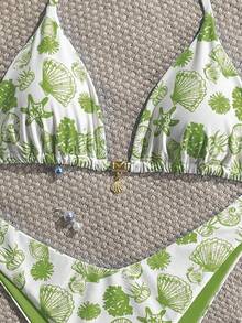 Swim Mod 2pcs/Set Summer Vacation Random Gold Shell Print Halter Triangle Bikini Top And High Cut Swim Bottoms Sexy Swimwear Set Boho Bikini Set Boho Bathing Suit Vacation Bikini Set Pattern Bikini Bikini Set Summer Beach Bikini Set Floral Bikini Set - Olive Green - View 5