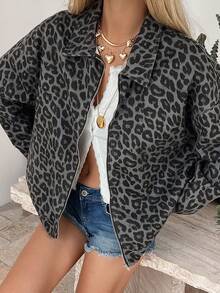 Chaqueta vaquera casual y holgada con estampado de leopardo para mujer - Café integral - Ver 5