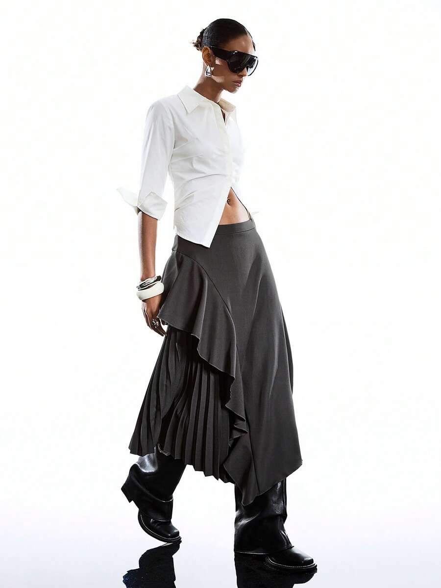 LYSMO 2026新款极简主义春夏女装纯色褶皱荷叶边休闲百搭A字裙/春季女装/夏季假期/毕业季裙/女士度假/女士节日/夏季假期/休闲裙/女士休闲装/黑色裙/Y2K裙/狂欢节/狂欢节服装/2026狂欢节女士造型/女士生日/Y2K/2000年代风格 - 灰色 - 查看 1