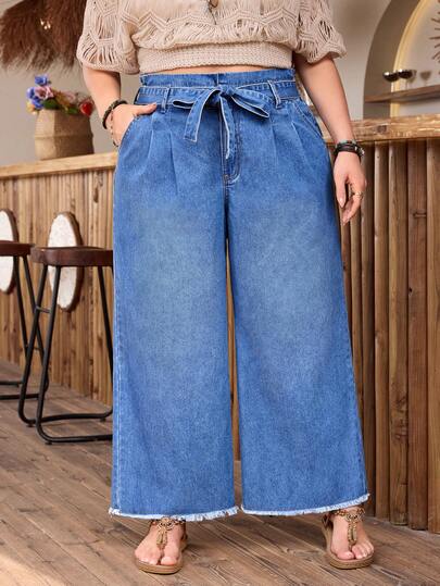 EMERY ROSE Jeans de pierna ancha de uso diario versátil y casual con bolsillos y botones para mujer de talla grande