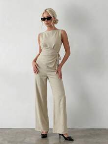 Ritzy Row 两件套杏色纹理面料裹身系带上衣和裤子套装 - 杏色 - 查看 9