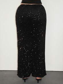 Arliah Women's Black Velvet Shiny Sequin Casual/Concert/Cocktail Party/Night Out/Carnival Drawstring Wide Leg Pants, Shiny - Black - View 2