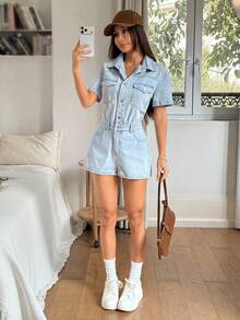 Rivivi Women's Fashion Washed Denim Romper - Light Wash - View 7