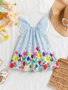 SHEIN Baby Girl Summer Vacation Striped Cartoon Pattern Loose Fit Cap Sleeve Dress, Suitable For Summer - Blue - View 2