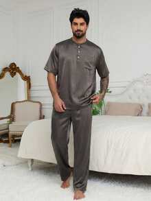 DAZY 男士缎面睡衣套装，短袖上衣配长裤，深灰色，夏季 - 灰色 - 查看 5