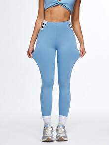 Eassivo Eassivo Women's Letter Print Elastic Waist Yoga Pants, Squat Proof Tights, Workout Leggings - Blue - View 3