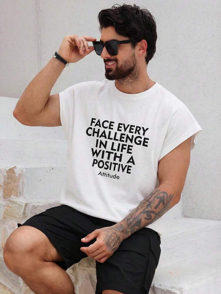 Men's Short Letter Print Round Neck Street Style T-Shirt, Summer