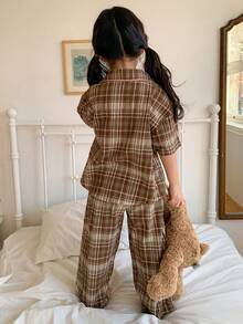 DAZY 女童秋季格子短袖上衣和裤子两件套 - 卡其色 - 查看 2