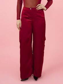 OverBlushhh Pantaloni cargo in raso bordeaux a vita alta con gamba ampia, tasche, stile casual, Y2K, adatti per feste, San Valentino, primavera - Rosso - Visualizzare 1
