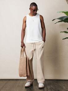 SUMWON Pantalones casuales de algodón beige con ajuste relajado, cordón y pierna ancha, con detalle de logotipo con texto - humo gris - Ver 4