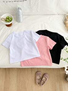 Genkimix Kids 3 Stück/Set Kleinkind Mädchen Mode einfache Schleife Dekor Kurzarm T-Shirt, Schwarz Weiß Rosa Kombination, vielseitig für den täglichen Gebrauch, Frühling/Sommer - Schwarz - Übersicht 2