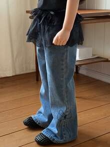 Hapijoa Girls' White Lace Mesh Skirt, Layered Tie-Waist Skirt, Atmosphere Sense, Summer - Black - View 2