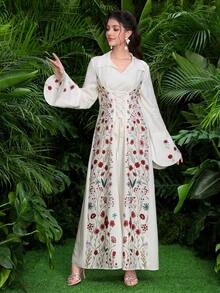 Al Najma 印花长袍，带领子、前系带和喇叭袖 - 彩色 - 查看 3