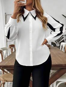 Juhart Camisa de Manga Longa para Uso no Escritório, Elegante, com Recorte Colorido e Botões na Frente, Plus Size - Preto e Branco - Visão 4
