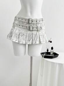 Elamini 复古风双腰褶皱街头做旧牛仔迷你裙 - 白色 - 查看 5