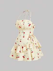 SHEIN MOD Plus Size Floral Print Ruffle Trim Tie Backless Ruched Bust Layered Halter Summer Short Dress Women S Dress Cherry Print Dress Ruffle Dress Strapless Dress Y2k Dresses,Summer,Festival ,Beach, Wedding ,Vacation - Multicolor - View 5
