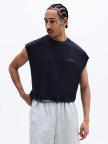 SUMWON Sleeveless Cotton Tank Top With Chest Print Regular Fit Crew Neck Summer Casual Streetwear - Navy Blue - View 1