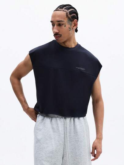 SUMWON Sleeveless Cotton Tank Top With Chest Print Regular Fit Crew Neck Summer Casual Streetwear