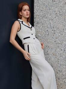 SILVIA DI SANTO Ensemble veste et pantalon élégant de navettage avec bordure contrastée pour femmes, tenues complètes pour femmes, retour à l'école, tenues d'enseignante pour femmes, robe de témoin de mariage élégante, tenue décontractée chic pour femme, robe de témoin de mariage élégante, style femme "old money", chemise boutonnée pour femme, pour l'automne/l'hiver - Nude - Voir 3