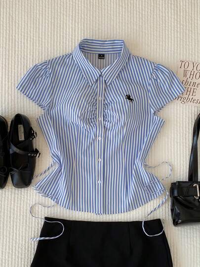 Comfortcana 条纹印花刺绣前扣休闲百搭衬衫