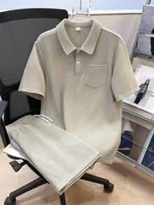 SHEIN 2件套青少年男童宽松纯色翻领短袖polo衫和短裤套装，休闲装，适合通勤、上学、日常、运动，春夏皆宜 - 卡其色 - 查看 3