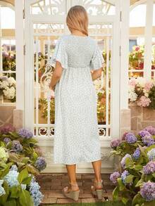 SHEIN V-Neck Short Sleeve Ditsy Floral Dress - Green - View 2