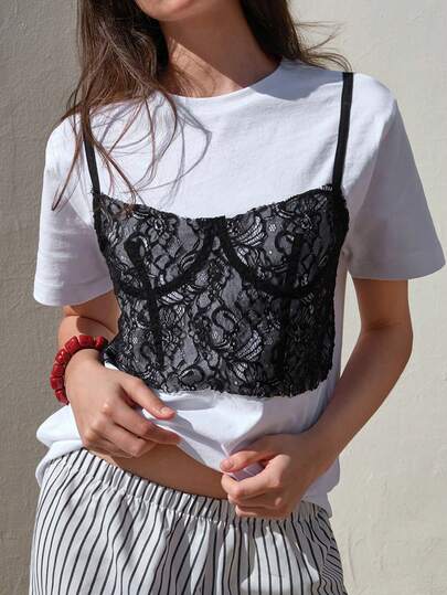 CasuGlow Women's White Cotton T-Shirt With Black Lace Applique