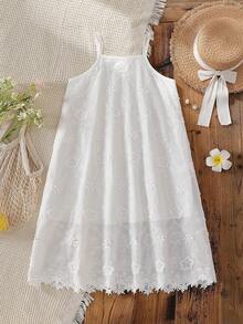 Vintaside Kids Girls' Embroidered Floral Trim Casual Drawstring Strap Sundress, Suitable For Outdoor, Vacation And Leisure Activities, Summer - White - View 3