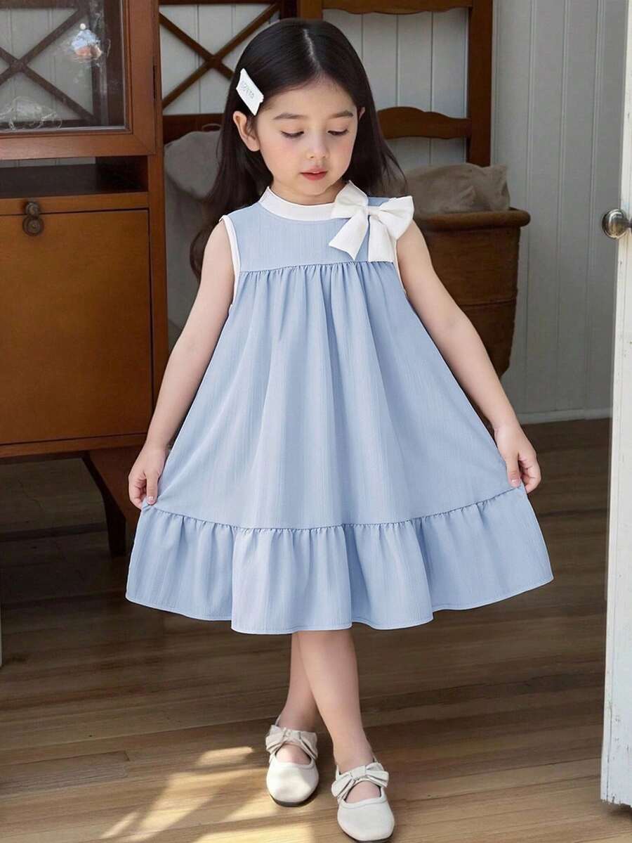 Elladie kids Vestido sin mangas de estilo vacacional, suelto y de unicolor elegante para niñas en verano - Azul - Ver 1