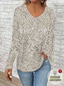 EMERY ROSE Plus Size Women V-Neck Casual Versatile Daily Wear Long Sleeve T-Shirt - Multicolor - View 4