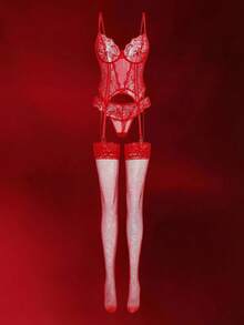 SHEIN 3 件套优雅蕾丝性感透明内衣套装 - 文胸、丁字裤、大腿袜、女士性感内衣红色渔网吊袜带红色内衣套装适合外出 - 紅色 - 查看 2