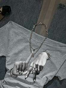 Attitoon 休闲简约街头风复古朋克Y2K百搭派对机场装，黑白印花戒指，女士腰部褶皱露肩紧身短袖T恤，夏季舒适 - 淺灰色 - 查看 5