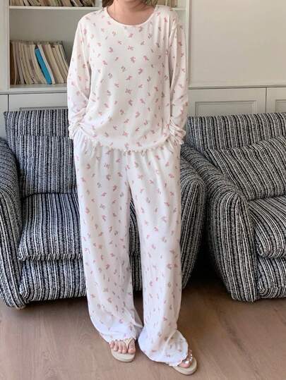 DAZY 大码女式印花圆领长袖上衣和阔腿裤休闲家居服套装