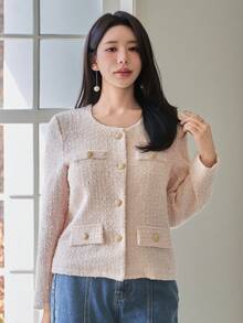 DAZY 女士优雅圆领假口袋常规款外套，春季 - 粉色 - 查看 1