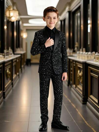 2pcs Black Suit Set: Long Sleeve Jacket + Trousers, Shiny Minimalist Casual Outfit, Suitable For Piano/Violin Performances, Weddings, Graduations, Formal Occasions, Gentleman's Attire, Birthday Parties, Evening Events, Performances, Receptions, Wedding Season, Halloween, Christmas, Autumn/Winter Gifts, Valentine's Day Boy's Party Suit, Black Suit Set Teenage Boys Suit Set Suits For Boys Black Black 2 Piece Set For Boys Black Suit For Boys Boy Tuxedo Black