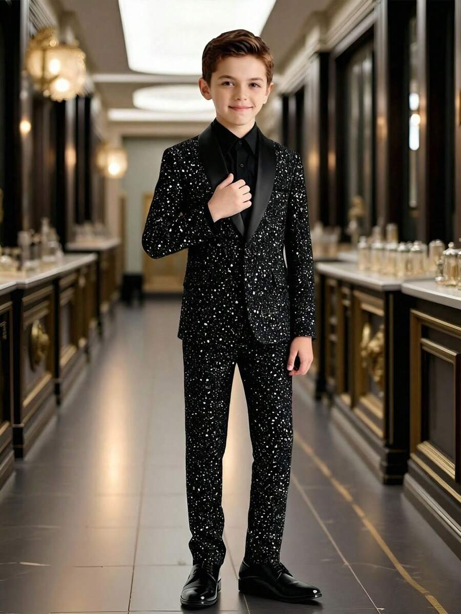 2pcs Black Suit Set: Long Sleeve Jacket + Trousers, Shiny Minimalist Casual Outfit, Suitable For Piano/Violin Performances, Weddings, Graduations, Formal Occasions, Gentleman's Attire, Birthday Parties, Evening Events, Performances, Receptions, Wedding Season, Halloween, Christmas, Autumn/Winter Gifts, Valentine's Day Boy's Party Suit, Black Suit Set Teenage Boys Suit Set Suits For Boys Black Black 2 Piece Set For Boys Black Suit For Boys Boy Tuxedo Black - Black - View 1