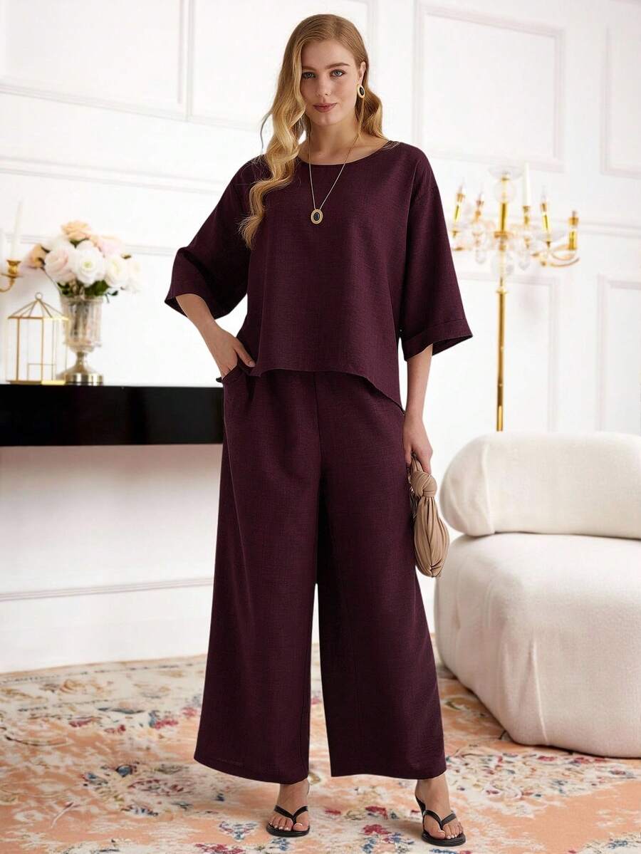 Parysyn Bộ đồ nữ cỡ lớn màu trơn cổ tròn tay lửng và quần ống rộng, kiểu dáng thường ngày, gồm 2 món.